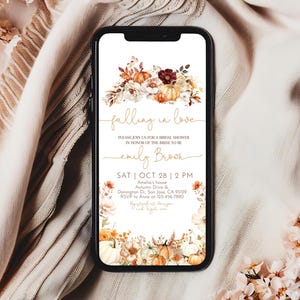 Falling in Love Bridal Shower Evite Fall Pumpkin Wedding Digital Invitation Boho Floral Mobile Phone Electronic Text Invite EDITABLE BR04O