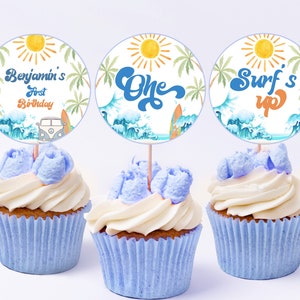 Adornos para cupcakes de cumpleaños con tema de surf The Big One, decoración para el primer cumpleaños de Boy Surfing Beach Party, etiquetas de postres para furgoneta de surf retro imprimibles AT01B