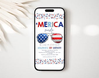 Zaproszenie urodzinowe z okazji 4 lipca. Ameryka zorganizowała czwarte patriotyczne zaproszenie cyfrowe. Okulary przeciwsłoneczne. Zaproszenie tekstowe na telefon komórkowy. Edytowalne. HL29