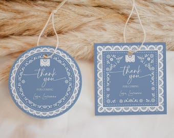 Blue Cielito Lindo Favor Tag, Mexican Folk Baby Shower Gift Tags, Talavera Baptism Party, Papel Picado Circle Square Printable AS42B BP01B