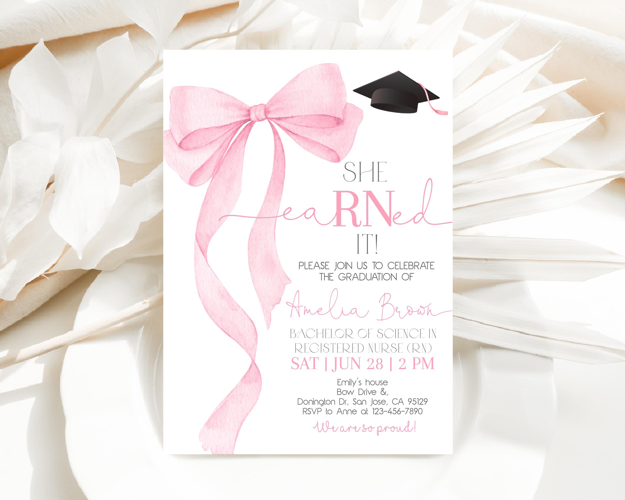 Pink Bow Nurse Graduation Invitation She Earned It RN Grad Party Invite Coquette Girl Ribbon Medical Nursing Pinning Ceremony EDITABLE HL94P
