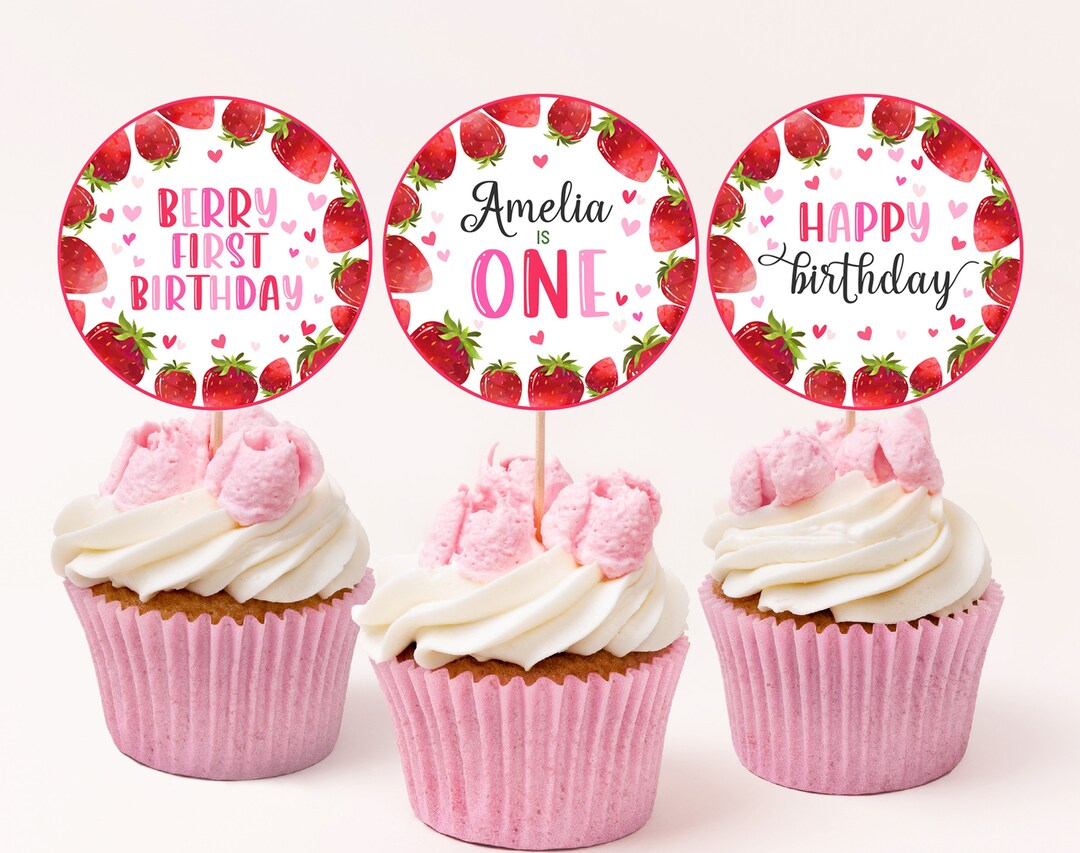 Strawberry Birthday Cupcake Toppers Berry First Birthday Party Decor ...