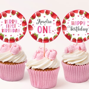 Fraise anniversaire Cupcake Toppers Berry premier anniversaire Party Decor fille 1er anniversaire étiquettes Berry Sweet One Dessert étiquettes imprimable BT37P