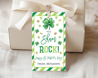 May include: Green and white striped gift tag with a shamrock design and the text "You Sham Rock! Happy St. Patrick's Day! From, Benjamin".