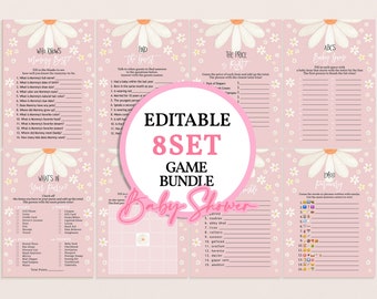 May include: A pink baby shower game bundle with daisy and floral accents. The bundle includes eight editable game sets with titles like "Who Knows Mommy Best?" and "ABCs Baby Game." The text "Baby Shower" is also visible.