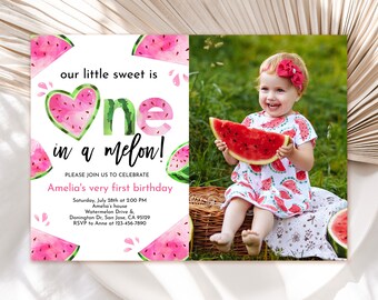 Watermelon Birthday Photo Invitation One in a Melon Girl First Summer Party Invite Green Pink Watermelon Sweet Celebration EDITABLE BT67P