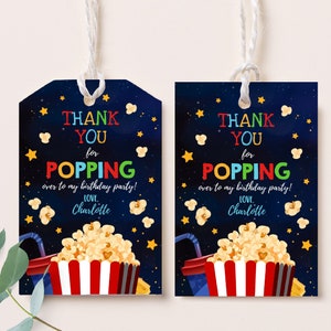 Backyard Movie Night Birthday Favor Tags Boy Slumber Party Thank You Tags Under The Stars Gift Tag Outdoor Sleepover Popcorn Printable BT05R