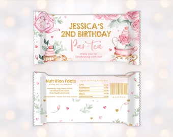 Tea Party Rice Krispies Wrapper Girl First Birthday Decor Gold Blush Pink Floral High Tea Whimsical Garden Par-Tea Treats Printable BT10P