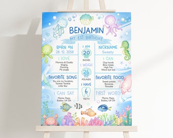 Under the Sea Birthday Milestone Board Sign Ocean Animals Poster Boy 1st Birthday Party Decor Underwater Sea Life Animals EDITABLE AT07B