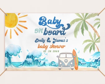 Surf Baby Shower Backdrop Banner Baby on Board Surfing Beach Party Decor Retro Surf Van Ocean Wave Surfboard Photo Booth EDITABLE BS52B
