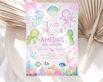 Two The Sea Birthday Invitation Under The Sea Girl 2nd Party Invite Ocean Animals Nautical Sea Life Underwater Jellyfish Cute EDITABLE AT07P