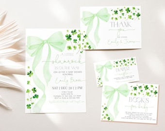 St Patricks Day Baby Shower Invitation Bundle A Little Shamrock Lucky Charm Invite Set Sage Green Bow Four Leaf Clover March EDITABLE AS19G