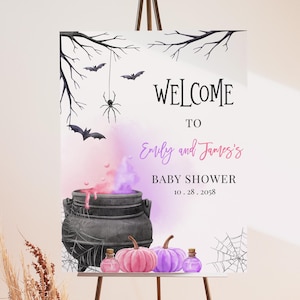 Un bebé está gestando un cartel de bienvenida para baby shower de Halloween con brujas, póster de fiesta de género neutro, niña, rosa, morado, otoño, porche EDITABLE BS66I