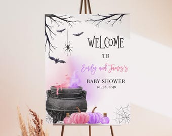 Halloween Gender Reveal Welcome Sign A Baby is Brewing Witch Baby Shower Poster Pink Purple Cauldron Party He or She Porch EDITABLE BS66I