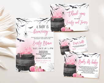 May include: A set of Halloween-themed baby shower invitations and cards. The design features a black cauldron with pink potion, bats, spiders, and the text "A Baby is Brewing." Includes thank you, diaper raffle, and books for baby cards.