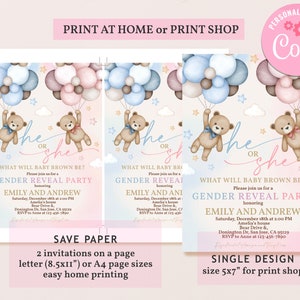 May include: A gender reveal party invitation with a pink and blue color scheme. The invitation features a teddy bear holding balloons and the text "He or She?"  The invitation also includes the text "What will baby Brown be?" and "Please join us for a Gender Reveal Party honoring Emily and Andrew".