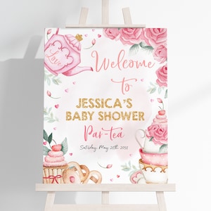 Tea Party Baby Shower Welcome Sign Girl Gender Neutral Poster Blush Pink Floral Teapot High Tea Whimsical Garden Party Decor EDITABLE BS18P