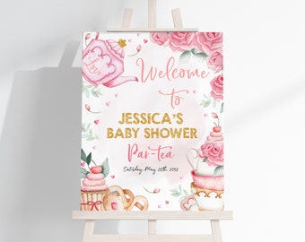Może przedstawiać: Różowo-złoty znak powitalny na baby shower z czajnikiem, babeczkami i różami. Tekst brzmi: "Witamy na baby shower Jessici Par-tea Sobota, 28 maja 2058".