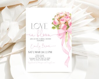 Love in Bloom Bridal Shower Invitation Pink Bow Flower Bouquet Wedding Shower Invite Spring Floral Colorful Wildflower Garden EDITABLE BR08P