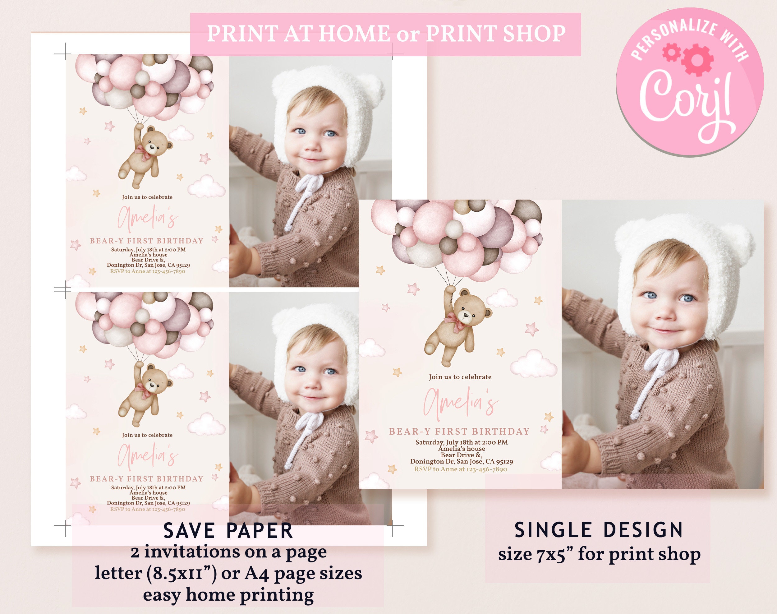 Pink Teddy Bear Birthday Photo Invitation Beary 1st First Birthday ...