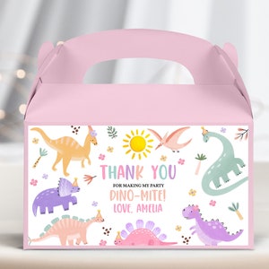 Pastel Dinosaurier Giebel Box Label Girl 1. Geburtstag Gastgeschenke Süß Dino Baby Shower Geschenk Treat Box Dschungel Tiere Wild Printable BS53 BT98