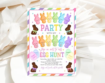Easter Egg Hunt Invitation Party With My Peeps Invite Hop On Over Happy Easter Bunny Sunday Brunch Colorful Pastel Rabbit Printable HL87P