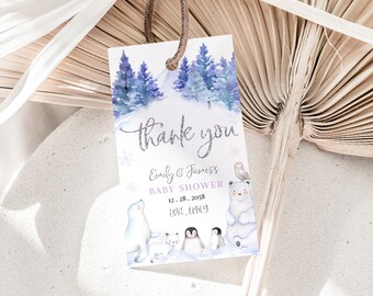 Könnte beinhalten: Dankeschön-Etikett mit einer Winterwunderland-Szene mit einem Eisbären, Pinguinen und einer Eule. Das Etikett lautet "Danke, Emily & James's Baby Shower, 12.28.2018, Liebe, Emily".