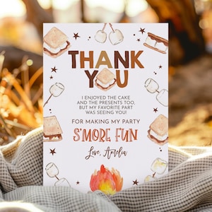 Tarjeta de agradecimiento de cumpleaños con S'mores, nota de agradecimiento para baby shower con S'mores, camping en el patio, fiesta con S'mores, fogata imprimible (BS96O AT35O)