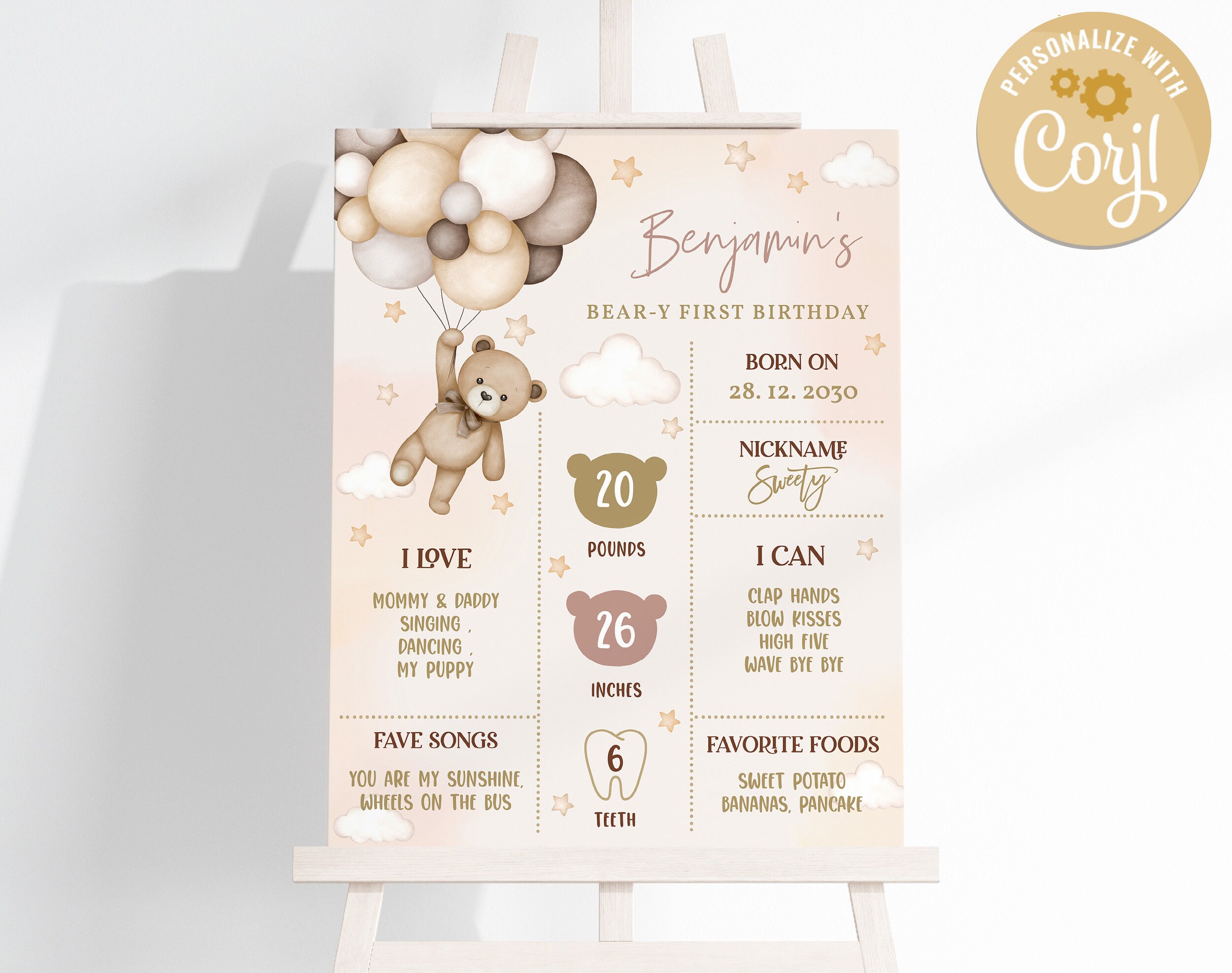 Teddy Bear Milestone Poster Beary First 1st Birthday Sign Boho Beige ...