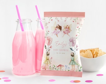 May include: Pink and white chip bag with a floral design and two fairies. The bag says "Emily's Baby Shower 04.28.2058".