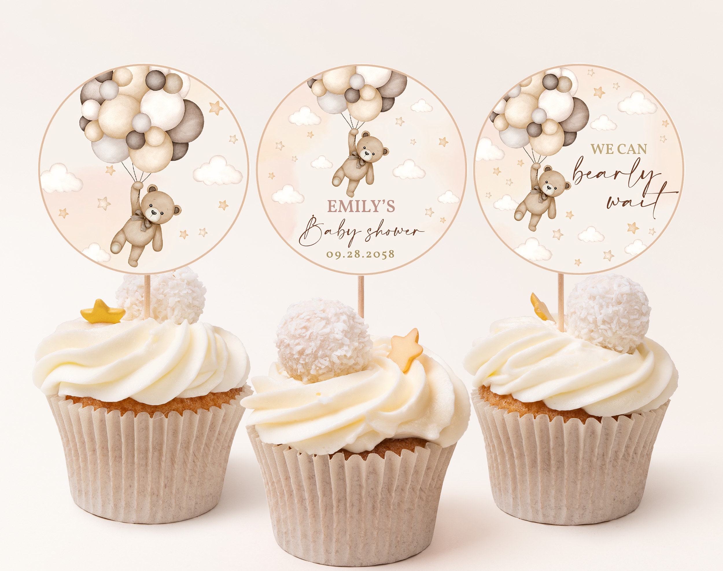 Adornos para cupcakes de baby shower con diseño de osito de peluche,  recuerdos de fiesta de otoño, etiquetas de postre bohemias, decoración beige, image size:2500x1975