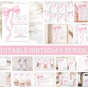 Pode incluir: Decorações de festa de aniversário editáveis e imprimíveis com um tema de laço rosa. Inclui convites, faixas, toppers para cupcakes, etiquetas para garrafas de água, etiquetas de lembrancinhas e muito mais. O texto do convite diz "Girls Just Wanna Be One".