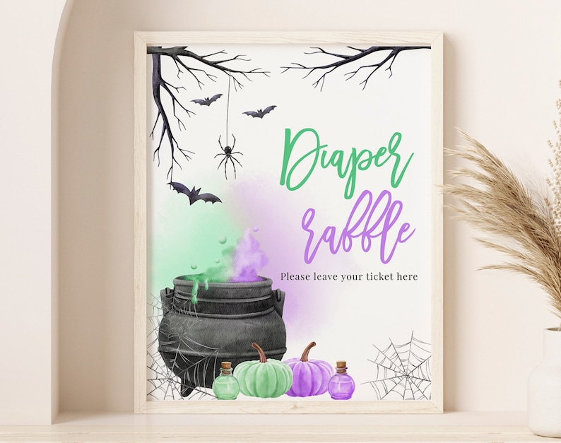 Cauldren Raffle Table Halloween Gender Reveal Party Table Sign Diaper Raffle A Baby is ...