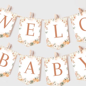 Our Little Pumpkin Baby Shower Banner Boy Girl Baby Shower Party Decor Fall Autumn Gender Neutral Boho Floral Garland EDITABLE Prop BS72E