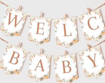 Unser kleiner Kürbis Baby Shower Banner Junge Mädchen Baby Shower Party Decor Herbst Herbst Gender Neutral Boho Blumengirlande EDITIERBARE Prop BS72E