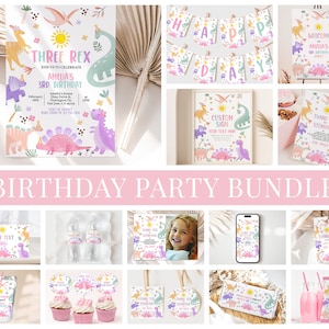 May include: A birthday party bundle featuring a dinosaur theme. The bundle includes a variety of printable items such as invitations, banners, cupcake toppers, water bottle labels, and thank you cards. The designs feature cute dinosaurs in pink, purple, and green colours with a whimsical, cartoon style.