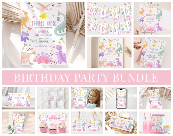 Pastel Dinosaur Birthday Invitation Bundle T-Rex Party Invite Set Pink Purple Dino Jurassic Jungle Wild Animals Party Decor EDITABLE BT98
