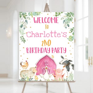 Farm Birthday Welcome Sign Barn Animals Party Decor Pink Barnyard Animals Greenery Floral Ranch Cow Pig Lamb Poster Porch EDITABLE BT18P