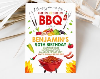 May include: A white invitation with a red, yellow, and green BBQ theme. It says "Please join us for a Grillin and Chillin BBQ to celebrate Benjamin's 40th Birthday". The invitation includes a grill, flames, and various food items.