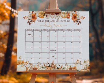 May include: A white sign on an easel with the text "GUESS THE ARRIVAL DATE OF baby Brown" above a calendar grid. The calendar is decorated with pumpkins and floral accents in shades of orange, white, and brown. The calendar grid is for May and June.