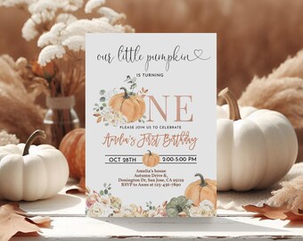 Onze kleine pompoen verjaardagsuitnodiging oranje pompoen 1e verjaardag uitnodiging aquarel boho bloemen rustiek herfst herfstbladeren BEWERKBAAR AT16E