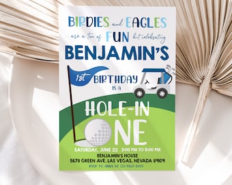 Golf Birthday Invitation Boy First 1st Birthday Invite Hole In One Party Let's Par-Tee Golfing Party Sports Golfer EDITABLE Template BT24B