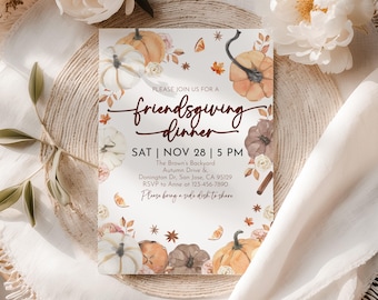 Puede incluir: Una invitación a una cena de Friendsgiving con calabazas de acuarela, hojas y detalles florales. La invitación incluye la fecha, la hora y el lugar: The Brown's Backyard, Autumn Drive & Donington Dr, San Jose, CA 95129. RSVP a Anne.
