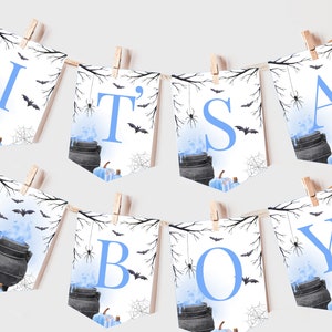 A Baby is Brewing Halloween Baby Shower Banner Witch Gender Neutral Party Decor Boy Blue Fall Autumn Party Garland EDITABLE Photo Prop BS66B