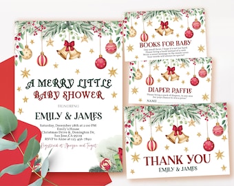 A Merry Little Baby Shower Invitation Bundle, Christmas Invite Set, Classic Pink Red Bow Ornaments EDITABLE BS31