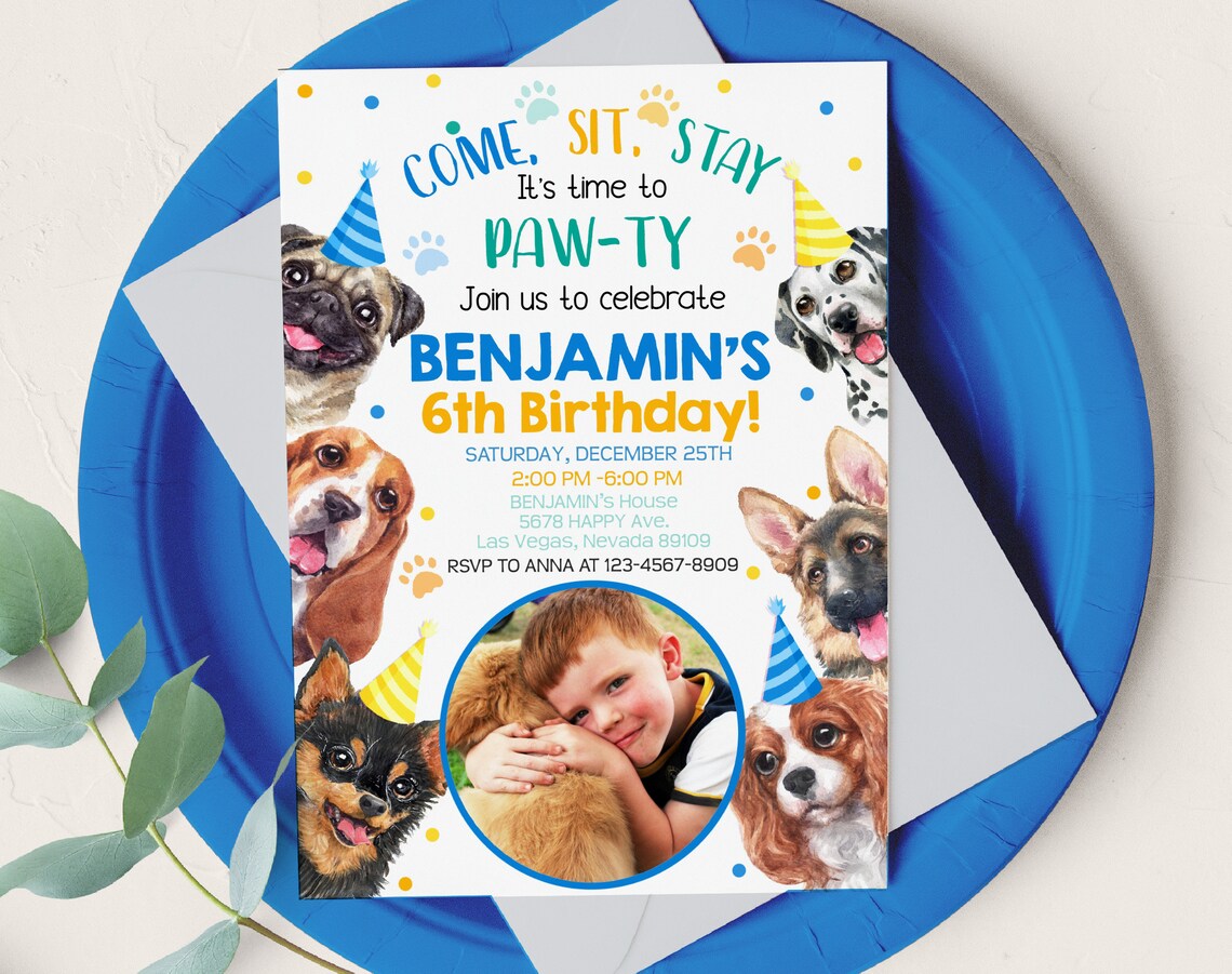 Puppy Photo Invitation Dog Birthday Party Invites Picture Card Etsy