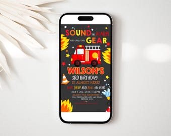 Firetruck Birthday Evite Firefighter Digital Invitation Fireman Party Fire Department Mobile Phone Electronic Text Invite EDITABLE BT02K