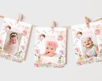 Fairy Monthly Photo Banner Girl 1st Birthday Decor Whimsical Enchanted Forest Magical Floral Garden Party First Year 12 Month EDITABLE BT31P