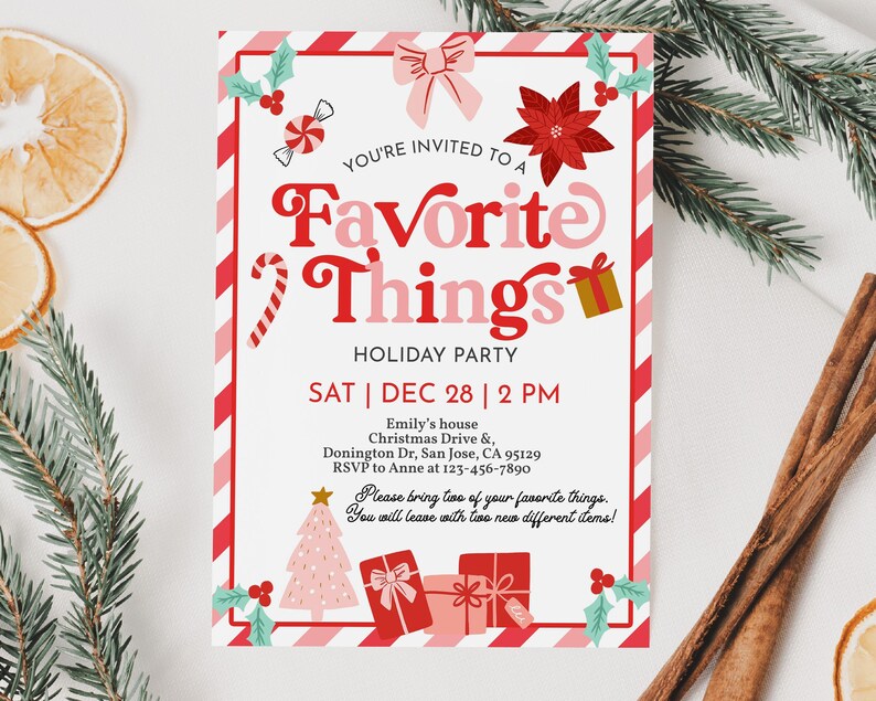 May include: A festive invitation for a "Favorite Things" holiday party. The design features a red and white striped border, candy cane, and gift illustrations. The text reads "You're Invited to a Favorite Things Holiday Party" with the date, time, and location.