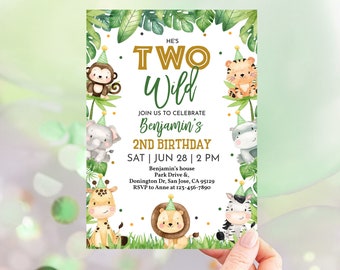 Safari Birthday Invitation Two Wild Boy 2nd Birthday Invite Jungle Zoo Calling All Party Animals Tropical Green Gold Balloons EDITABLE BT96G